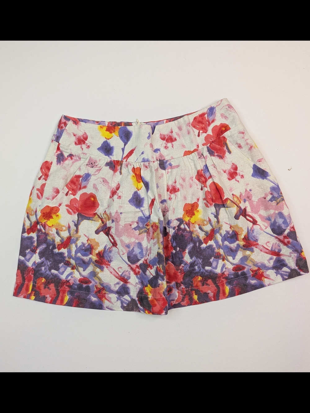 Lush Rayon And Linen Floral Print Skirt - White with Red, Purple, Yellow
